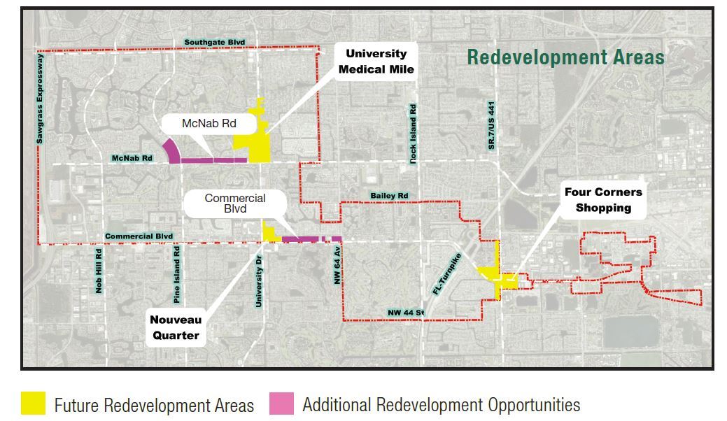 Map with City limits and locations of Opportunity Zones and 4 Corners Shopping District. 