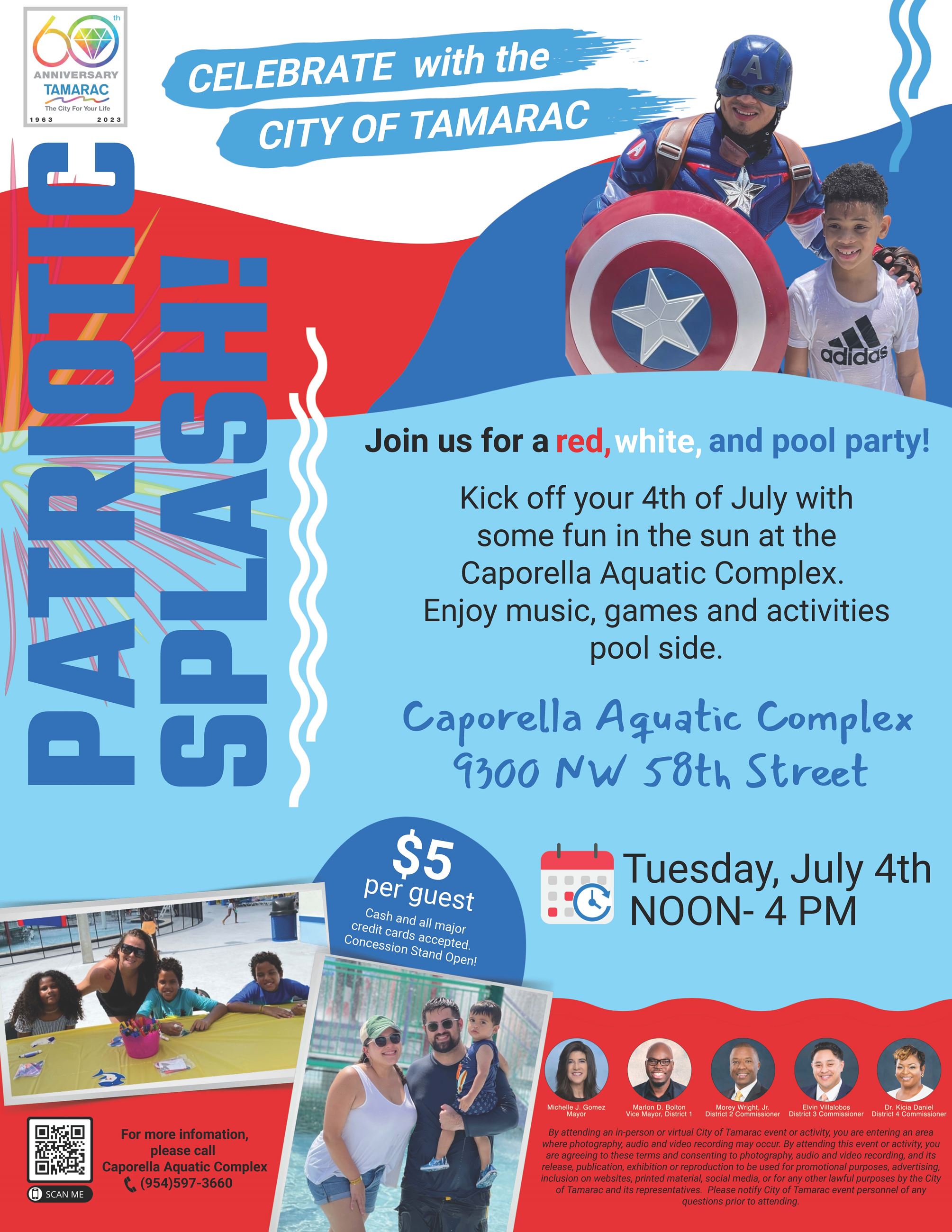 Red, white and blue colors with a child and Captain America character smiling 