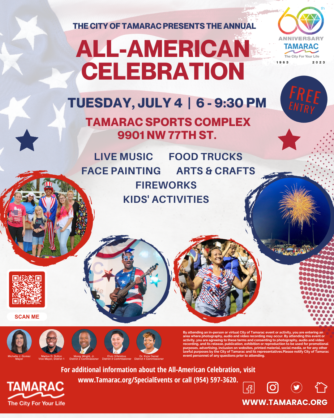 Red, white and blue colors with fireworks pictures, couples dancing and smiling 