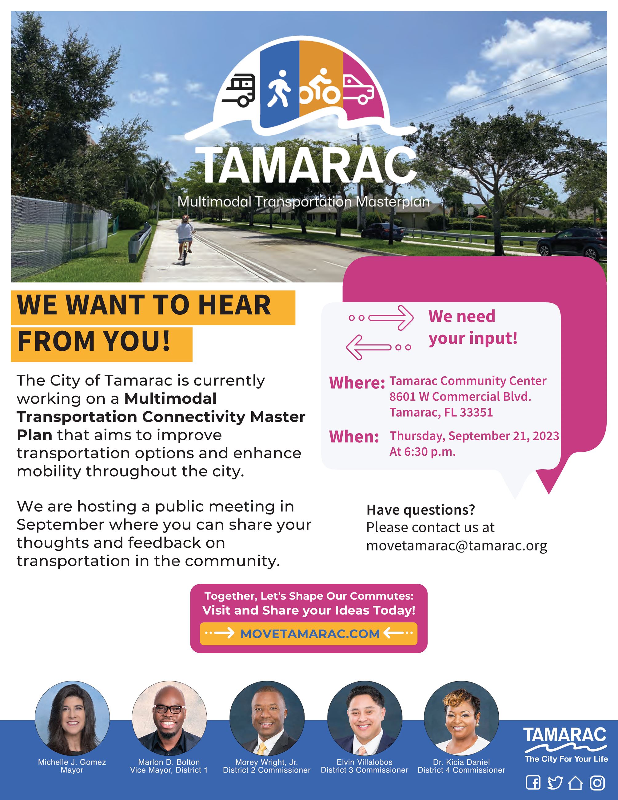 Orange and Pink rectangles, with clear blue sky and the men and women in business attire