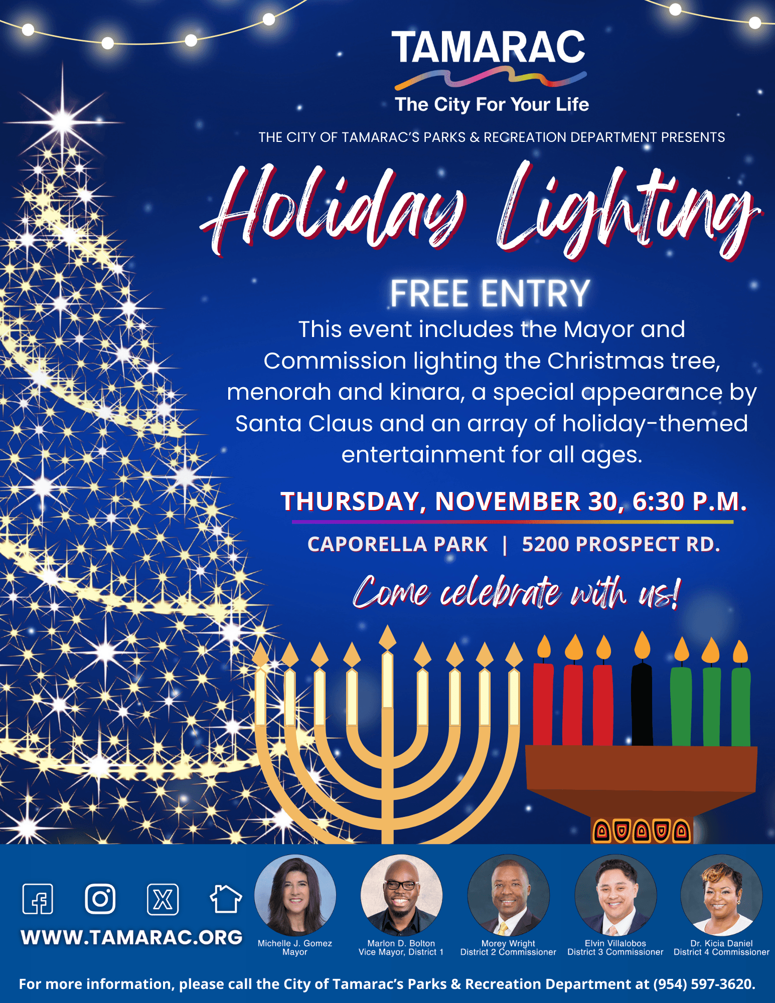 Christmas tree with lights, menorah and kinara